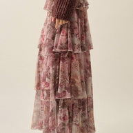 Floral-Print Mesh High-Waist Tiered Side-Ruffle Maxi Skirt