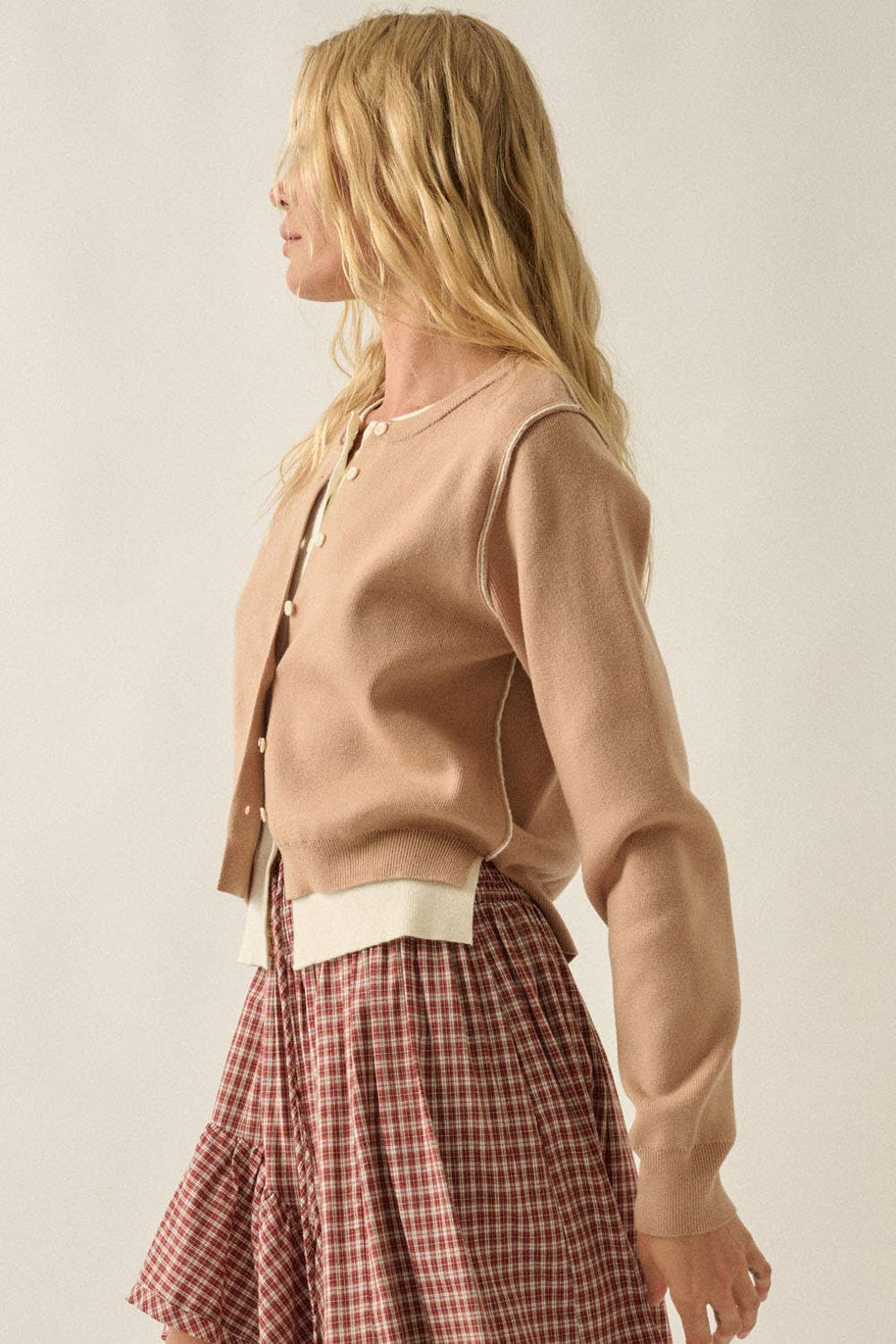 Solid Knit Two-Tone Round-Neck Button-Front Layered Cardigan