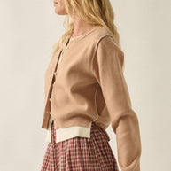 Solid Knit Two-Tone Round-Neck Button-Front Layered Cardigan