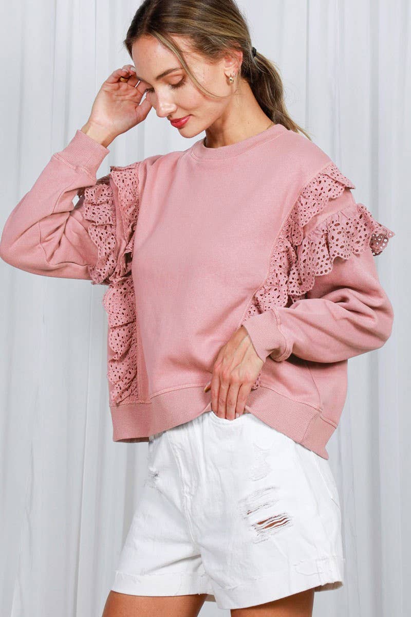 Eyelet Lace Trim Crew Neck Sweatshirt-Love