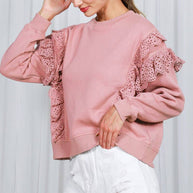 Eyelet Lace Trim Crew Neck Sweatshirt-Love