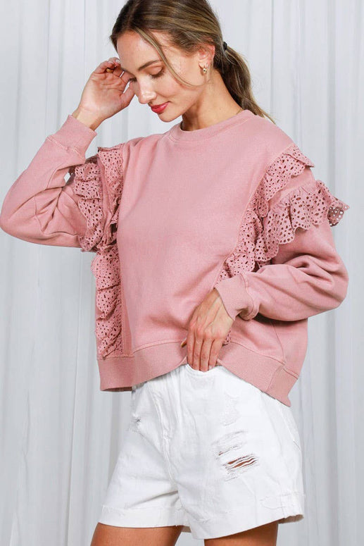 Eyelet Lace Trim Crew Neck Sweatshirt-Love