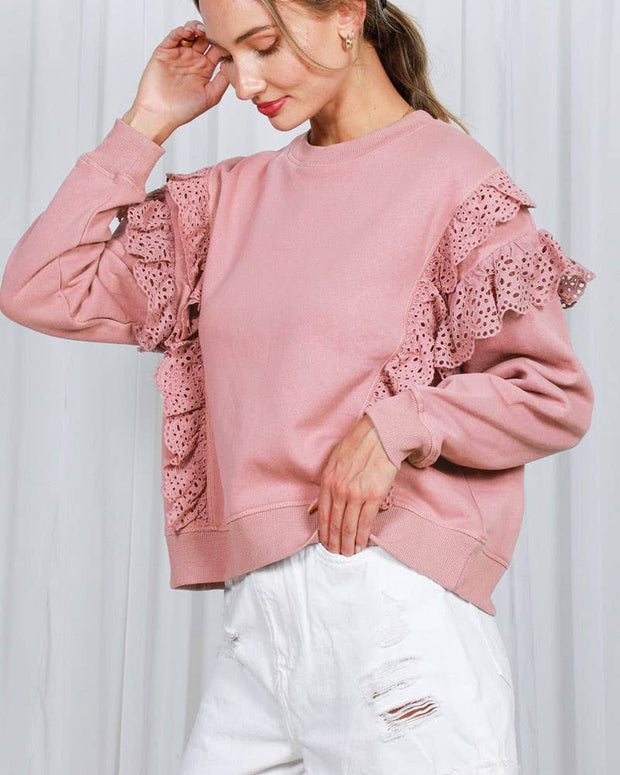Eyelet Lace Trim Crew Neck Sweatshirt-Love