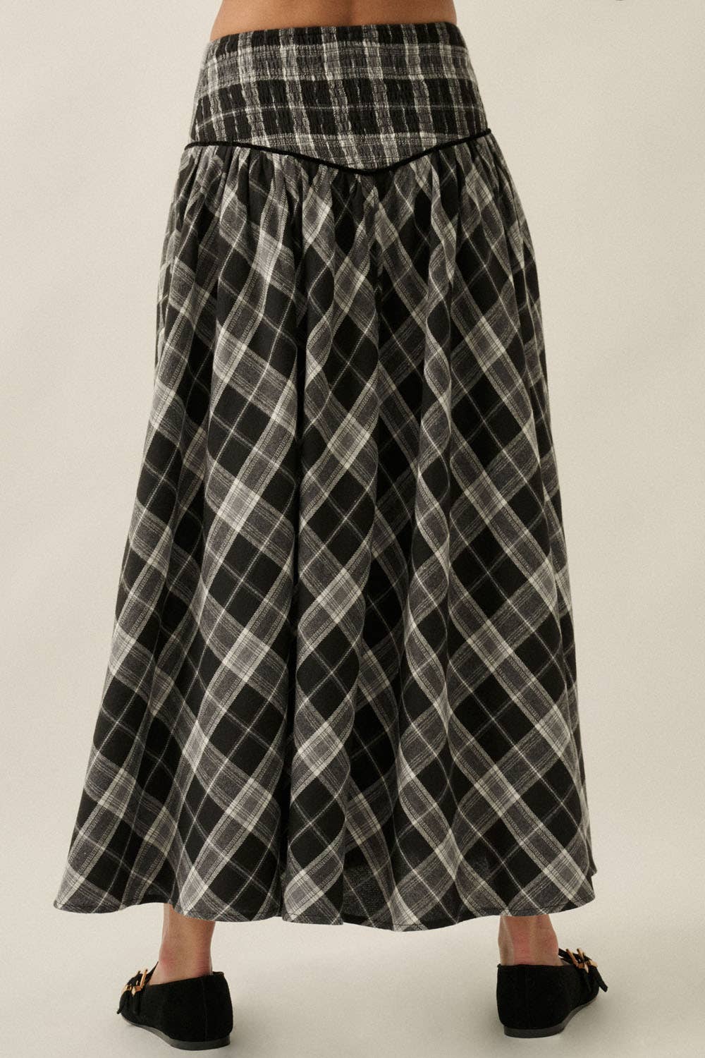 Plaid Drop-Waist Piping-Trimmed Maxi Skirt