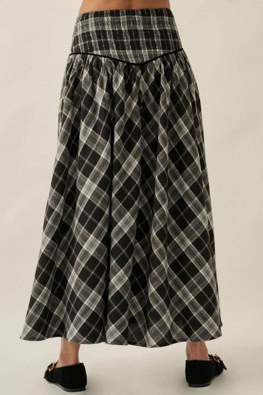 Plaid Drop-Waist Piping-Trimmed Maxi Skirt