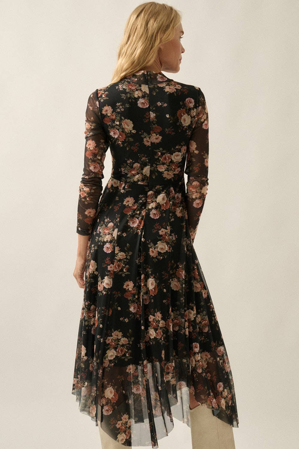 Floral-Print Mesh Long-Sleeve Drawstring-Skirt Maxi Dress