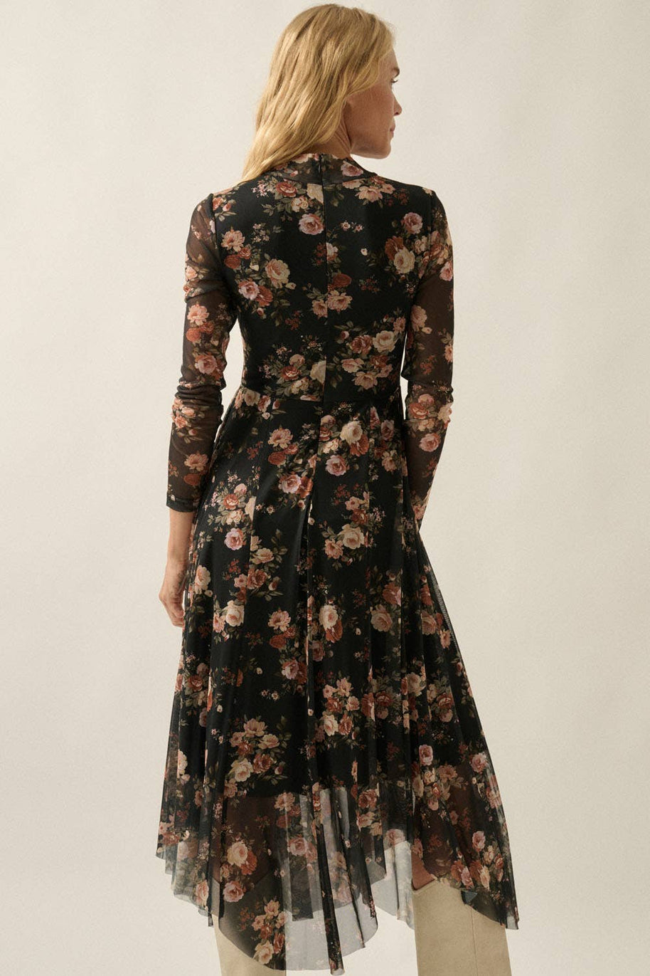 Floral-Print Mesh Long-Sleeve Drawstring-Skirt Maxi Dress
