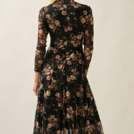 Floral-Print Mesh Long-Sleeve Drawstring-Skirt Maxi Dress