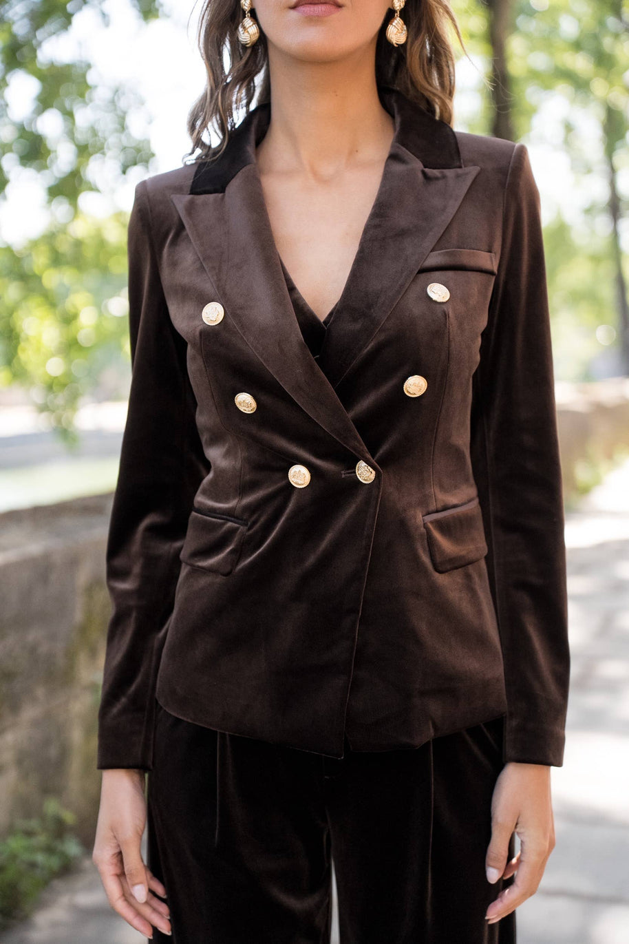 Double-breasted velvet blazer with gold buttons