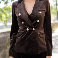Double-breasted velvet blazer with gold buttons