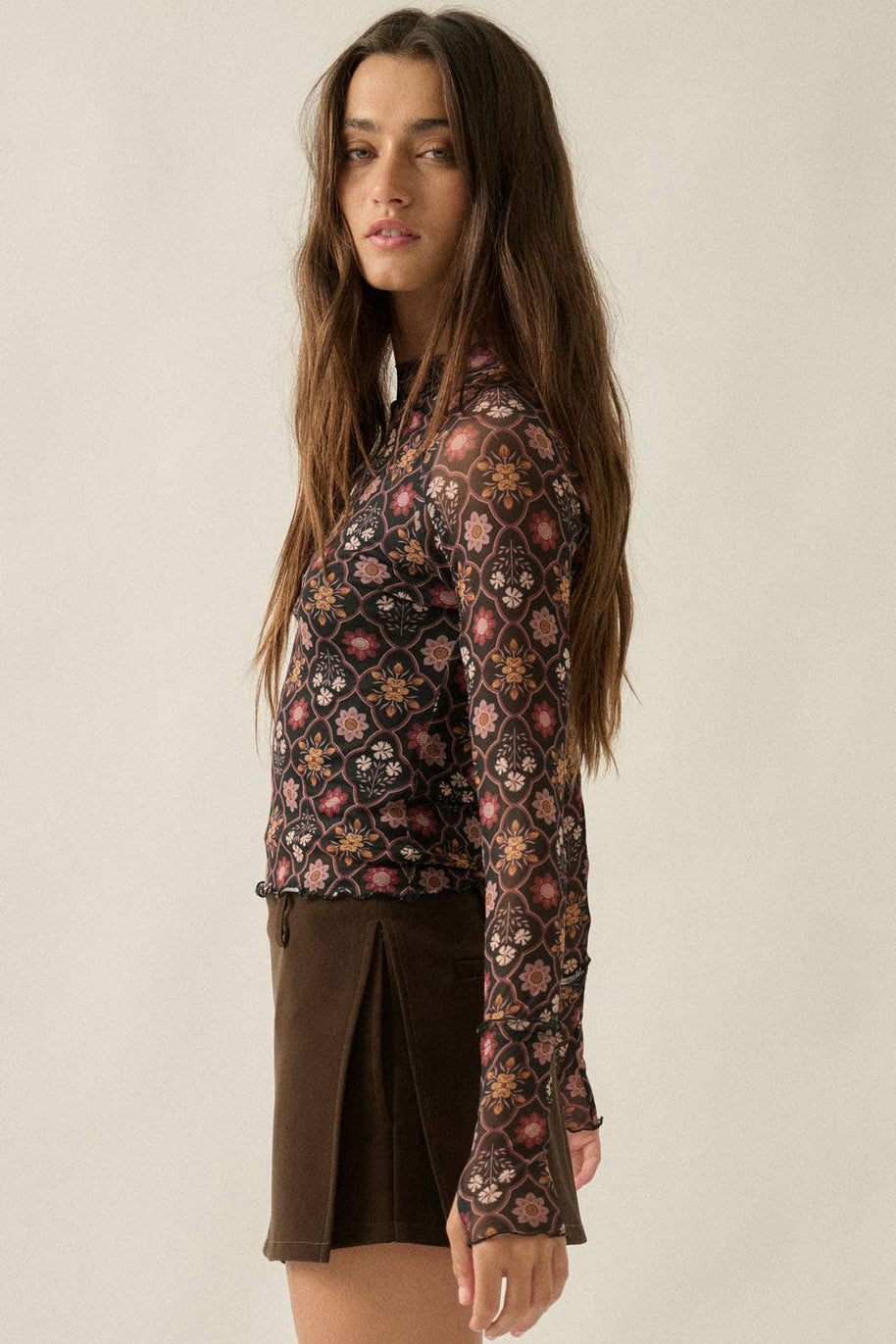 Floral Mesh Mock-Neck Raglan Thumbhole Fitted Top