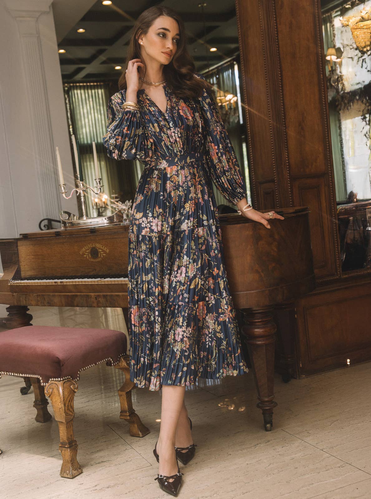 Floral Printed Pleated Long Dress