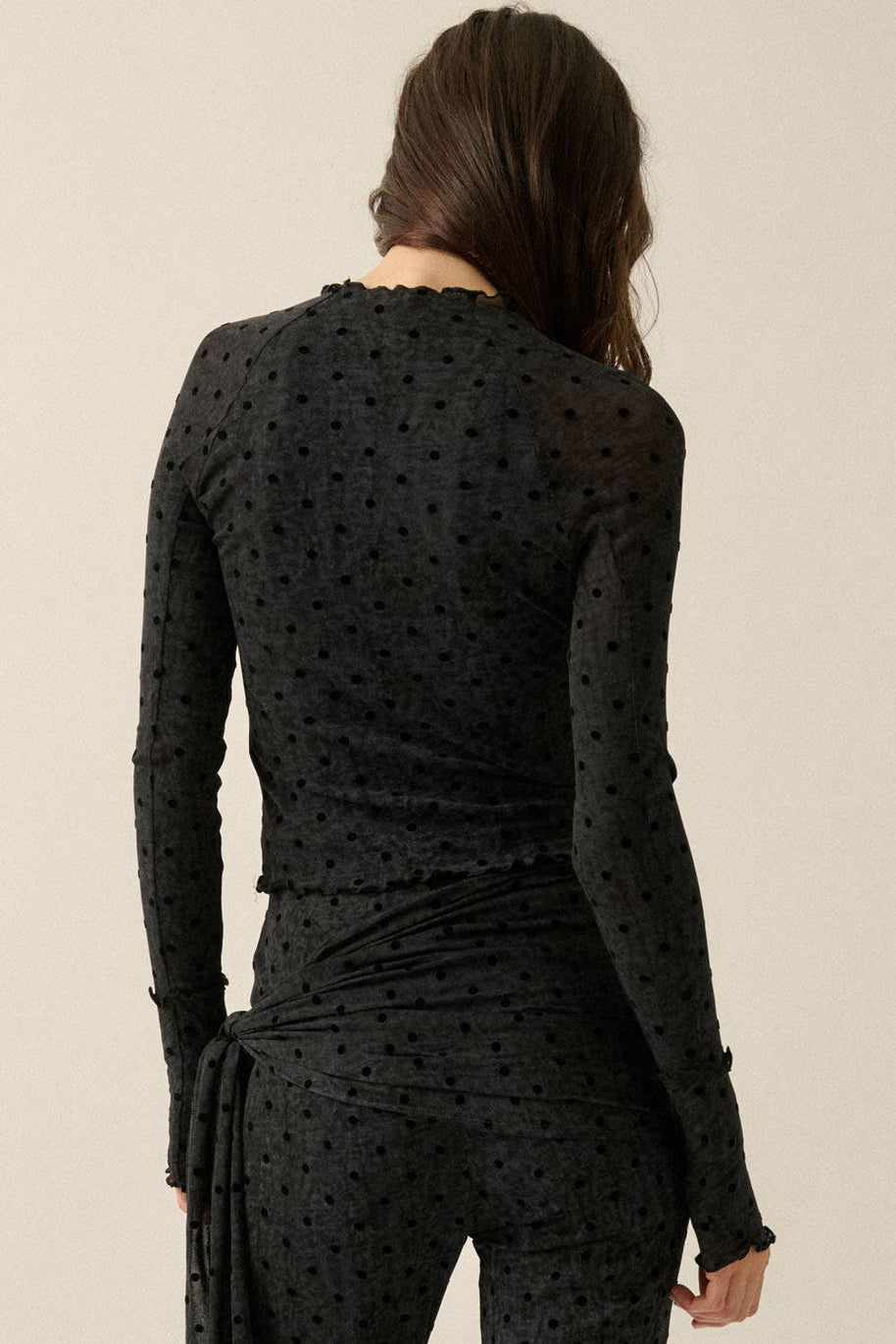 Flocked Polka Dot Burnout Mesh Raglan-Sleeve Thumbhole Top
