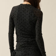 Flocked Polka Dot Burnout Mesh Raglan-Sleeve Thumbhole Top