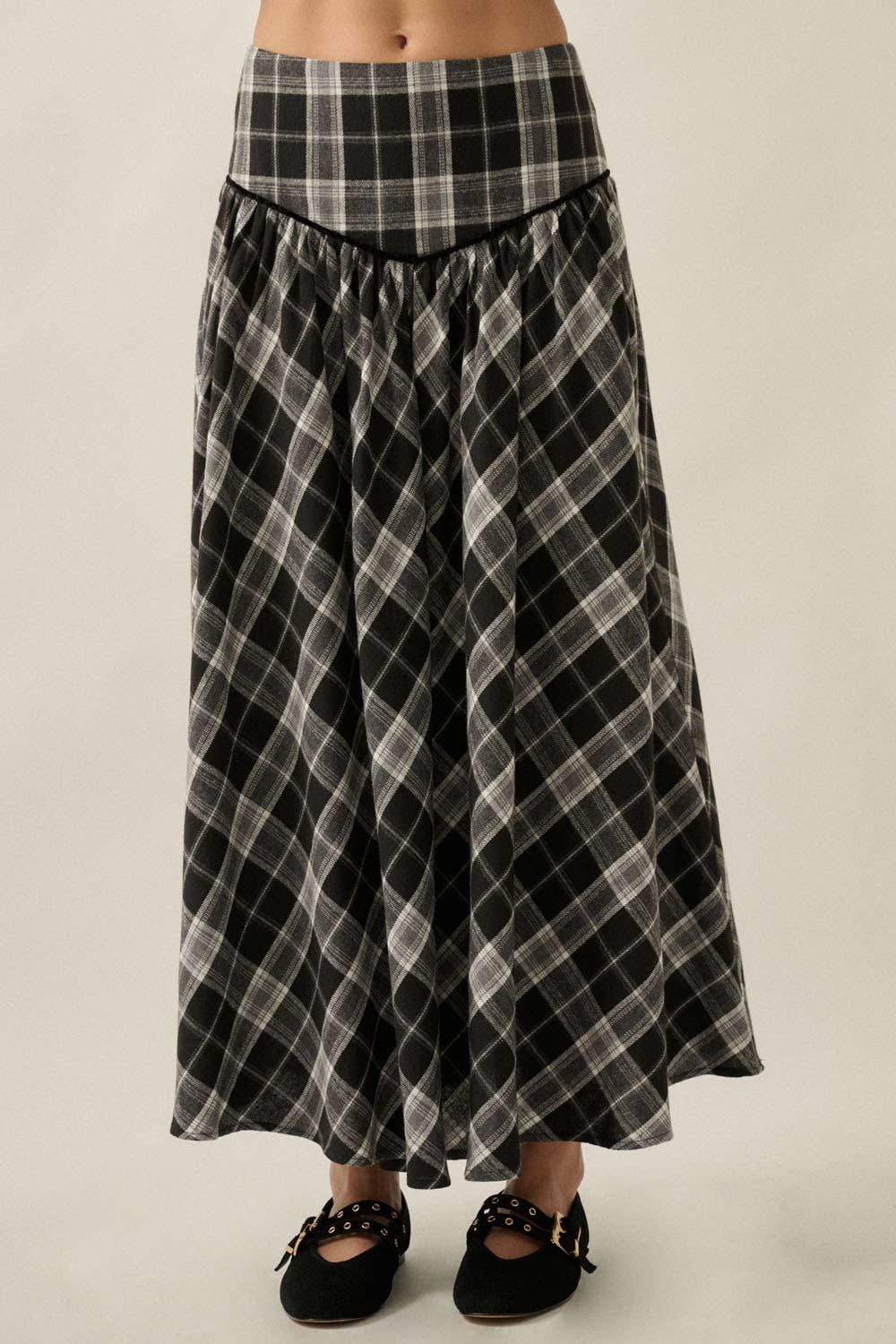 Plaid Drop-Waist Piping-Trimmed Maxi Skirt