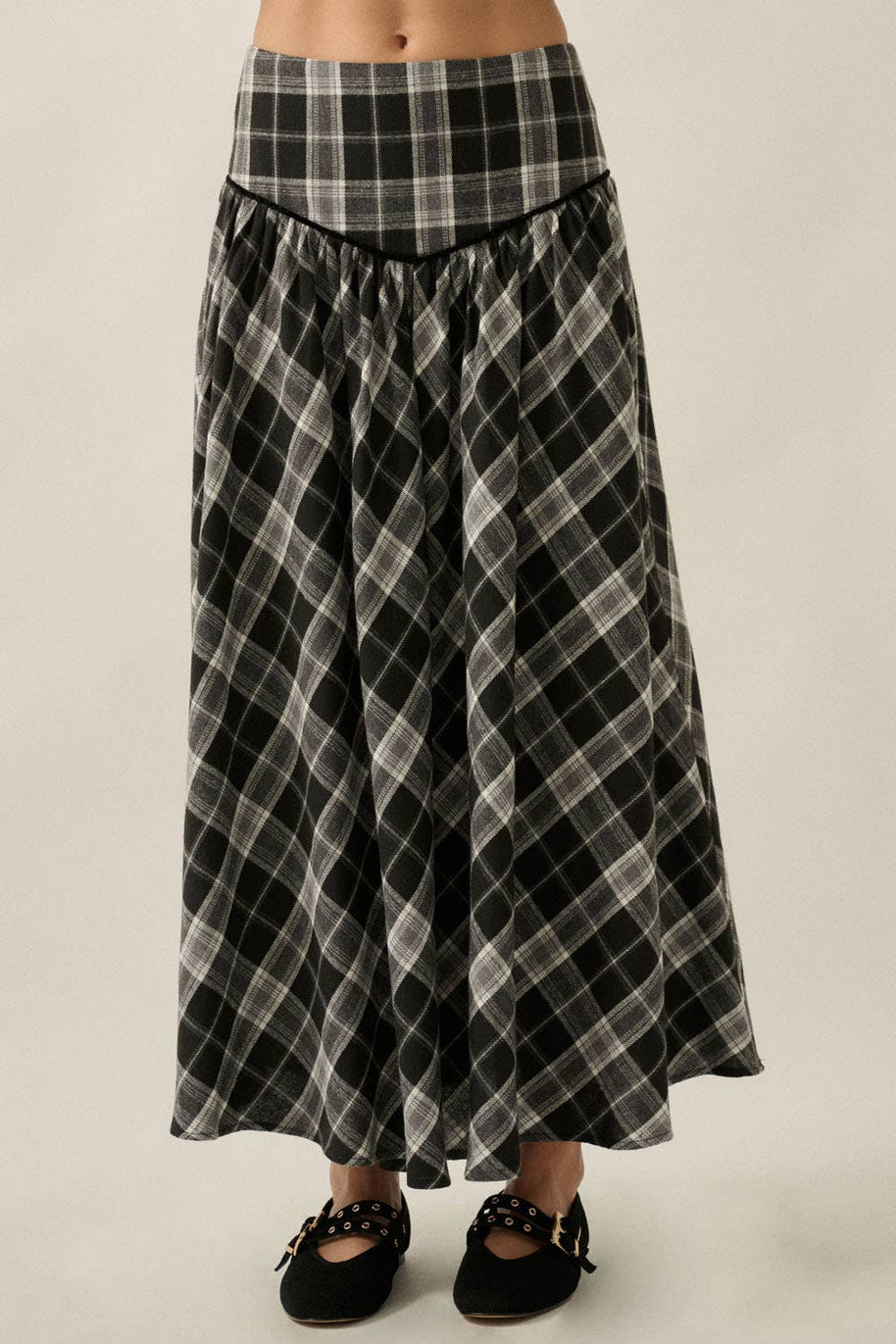 Plaid Drop-Waist Piping-Trimmed Maxi Skirt