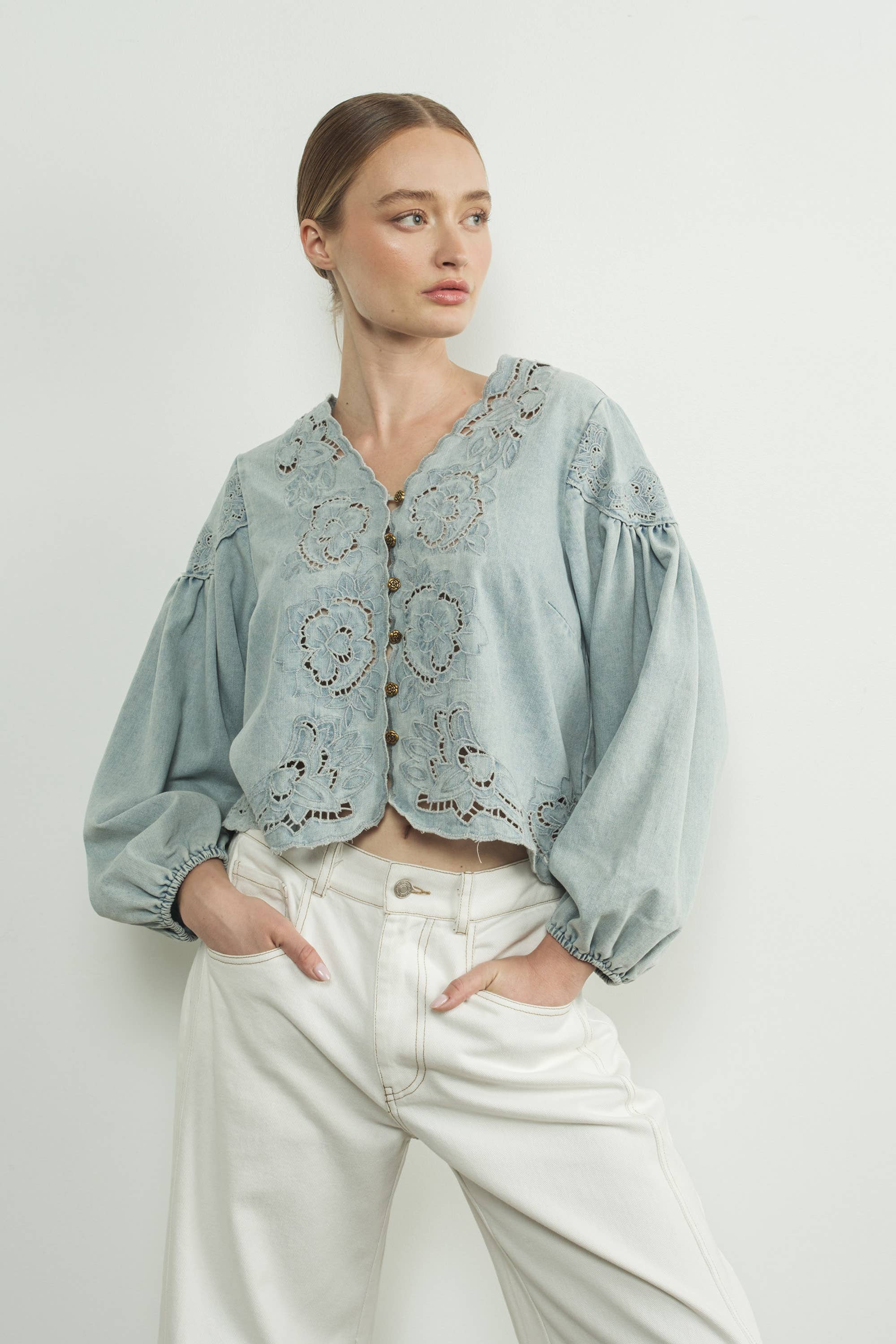 DENIM EMBROIDERY VOLUME SLEEVE BLOUSE TOP