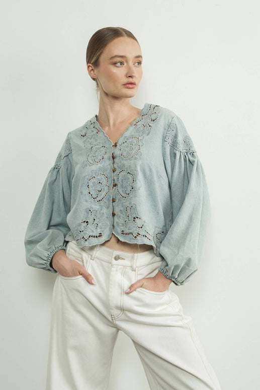 DENIM EMBROIDERY VOLUME SLEEVE BLOUSE TOP