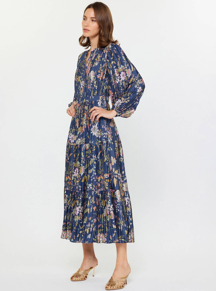 Floral Printed Pleated Long Dress S Navy Mlt