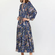 Floral Printed Pleated Long Dress S Navy Mlt