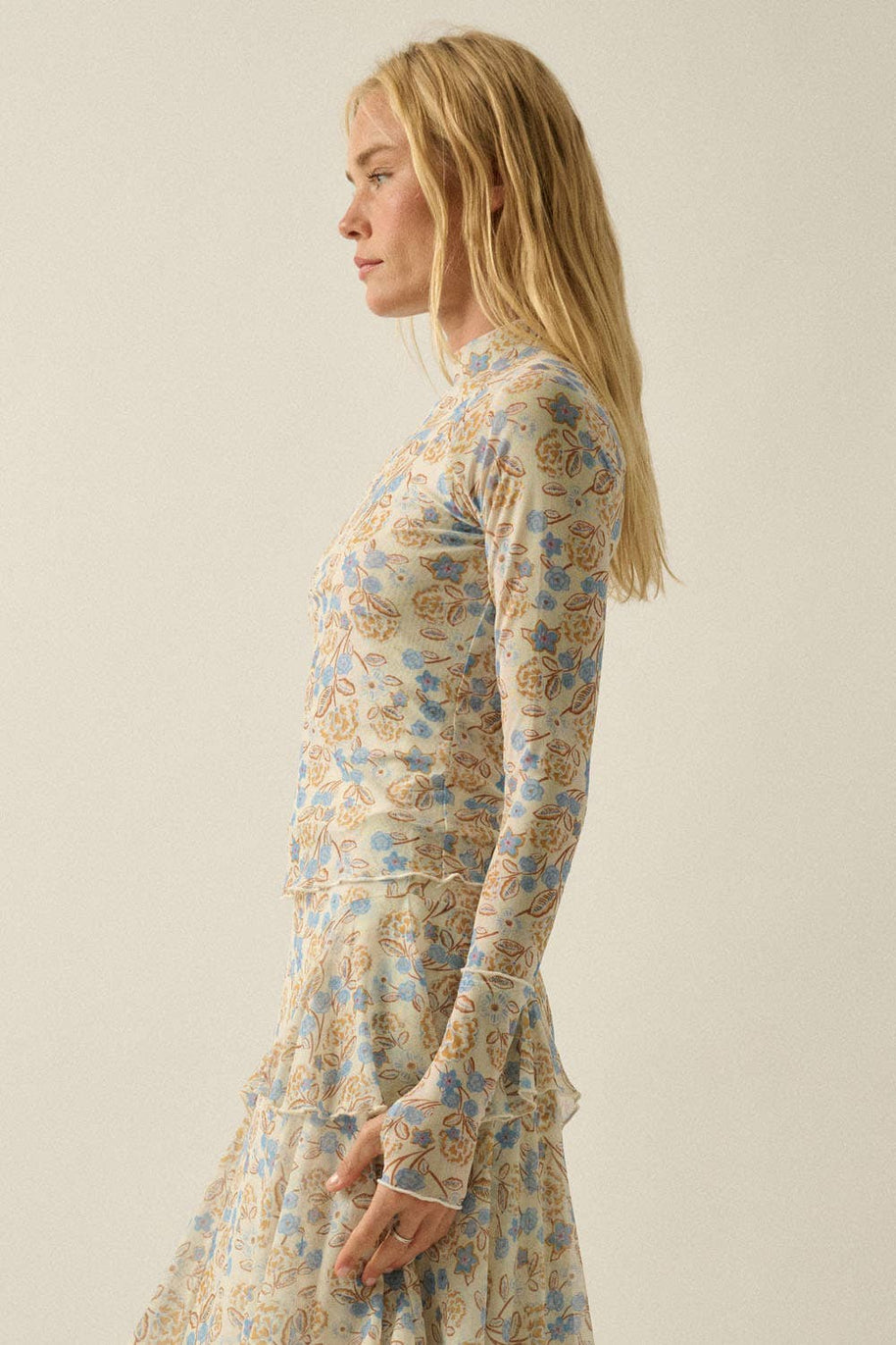 Floral Mesh Mock Neck Thumbhole Top
