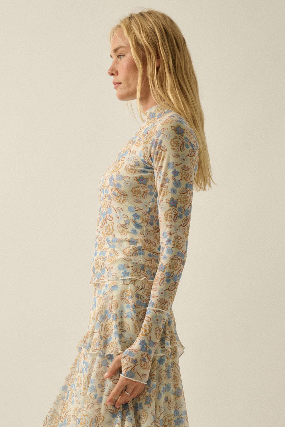Floral Mesh Mock Neck Thumbhole Top
