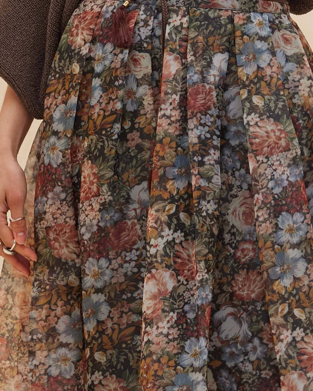Floral-Print Organza Pleated Midi Skirt