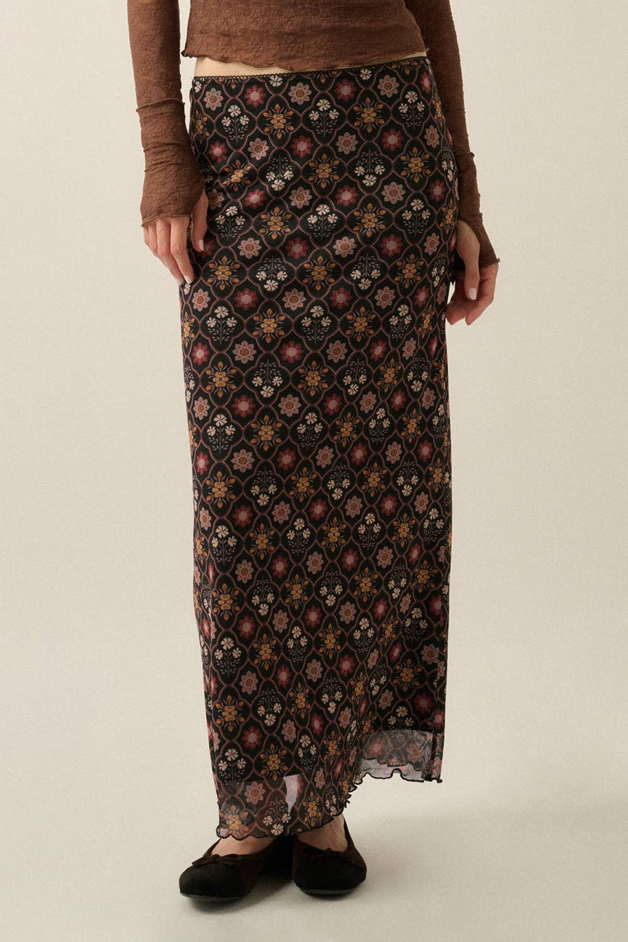 Floral-Print Mesh Elastic-Waist Straight Maxi Skirt