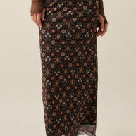 Floral-Print Mesh Elastic-Waist Straight Maxi Skirt