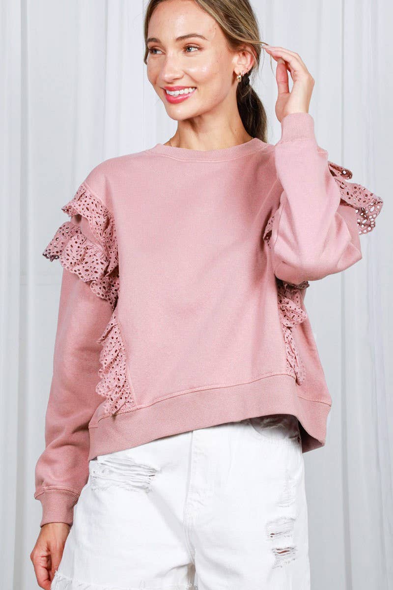 Eyelet Lace Trim Crew Neck Sweatshirt-Love