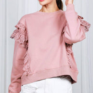 Eyelet Lace Trim Crew Neck Sweatshirt-Love