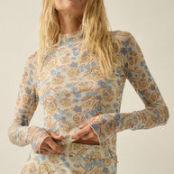 Floral Mesh Mock Neck Thumbhole Top