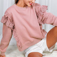Eyelet Lace Trim Crew Neck Sweatshirt-Love