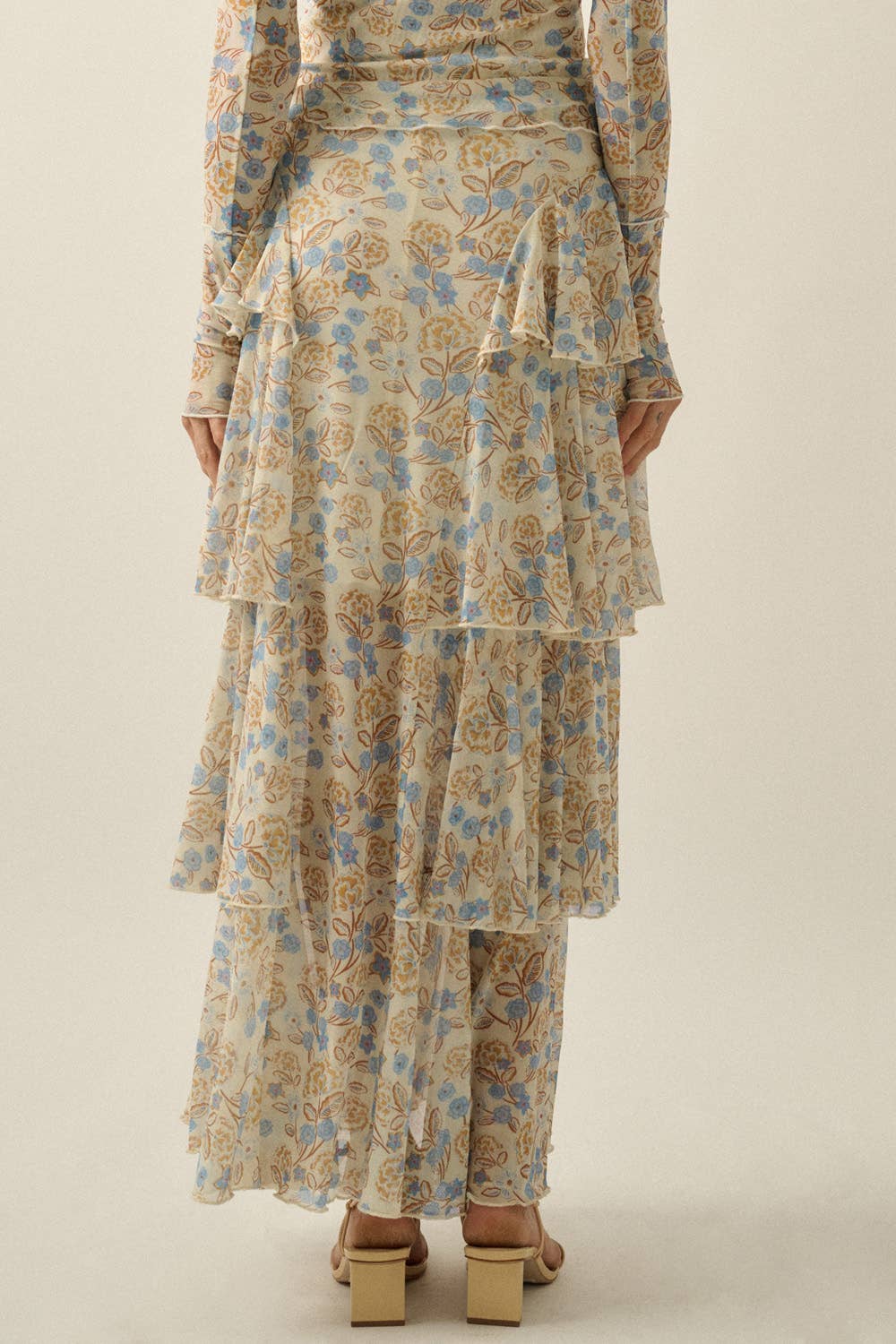 Floral Mesh Side-Ruffle Tiered Maxi Skirt