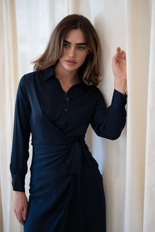 Navy Faux Wrap Shirt Dress - Mima Rosso